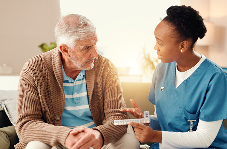 Female person, caregiver or elderly man with medical or healthcare advice for pharmaceutical instruction.
